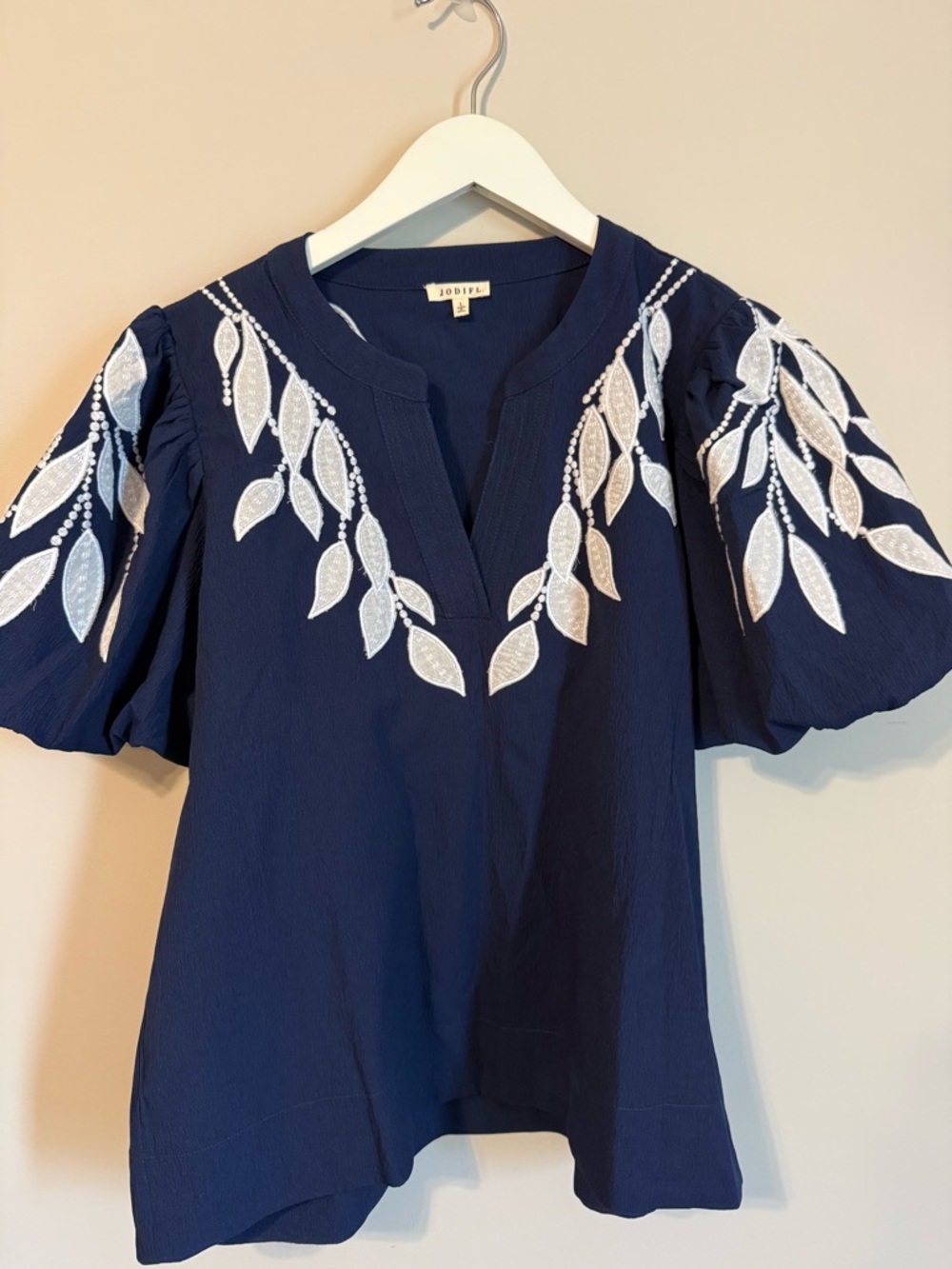 JODIFL Navy Top with White Leaf Embroidery